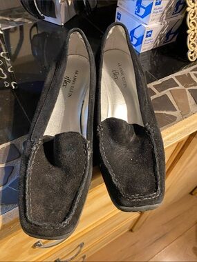 Anne Klein Black Suede Square-Toe Slip-On Loafers